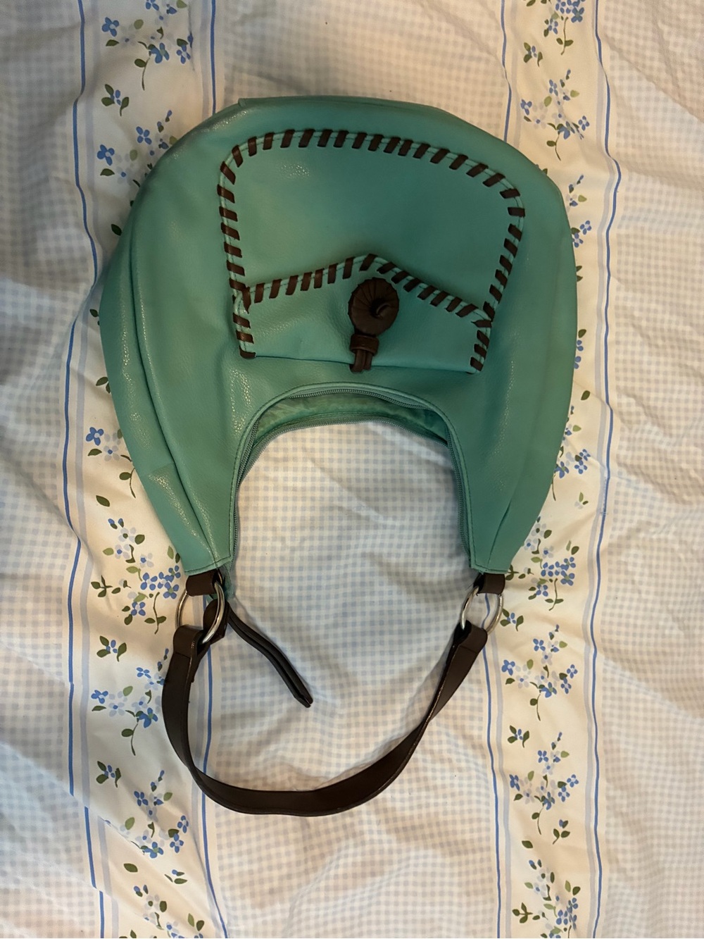 Source Unknown Teal Shoulder Bag with Brown Trim